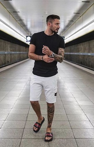 black t shirt with white shorts or trousers