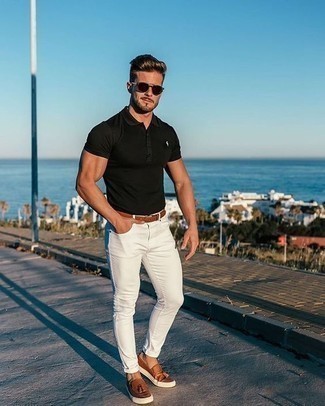 black polo shirt with white jeans